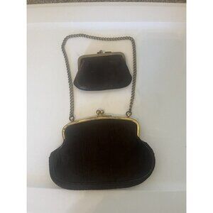 1930s Victorian leather Brown Wavy Evening Bag Clutch Purse with coin purse